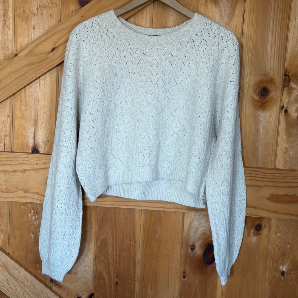 Abound Pointelle Knit Sweater Cream Cropped Crew Neck Boho Coquette Women Large